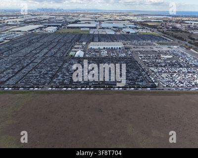 Molte auto nuove e usate parcheggiate in un vasto terminal logistico industriale Foto Stock