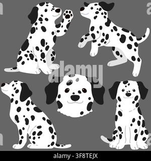 Set di illustrazioni piatte colorate carine e semplici di un cane dalmata Illustrazione Vettoriale