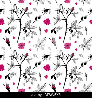 Modello vettoriale senza cuciture con fiori di rosa canina rosa, rami neri in contorno, foglie e bacche su sfondo bianco. Stampa floreale botanica per biglietti. Illustrazione Vettoriale