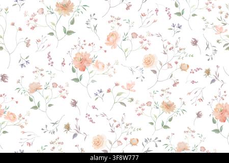 Modello floreale senza cuciture in acquerello con delicate fiori selvatici di pesche, piccole rose da giardino e foglie isolate su sfondo bianco. Vettore EPS. Illustrazione Vettoriale