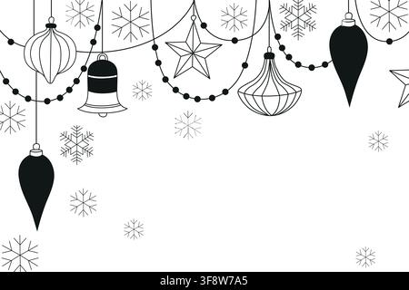 Modello di carta o banner di Natale disegnato a mano con decorazioni per alberi di Natale, palline e fiocchi di neve per la decorazione stagionale Illustrazione Vettoriale