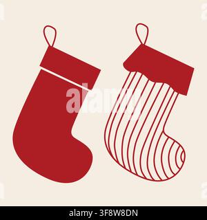 Set di doodle di calze di Natale disegnate a mano in linea arte in colore rosso per decorazioni stagionali, packaging, biglietti Illustrazione Vettoriale