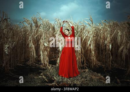 Donna in un abito rosso straordinario che posa tra alti piante di mais secche in un campo, creando un ritratto artistico drammatico e surreale. Foto Stock