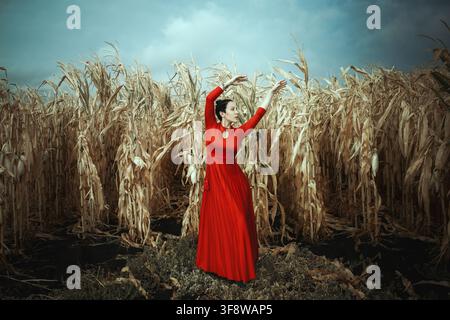 Donna in un abito rosso straordinario che posa tra alti piante di mais secche in un campo, creando un ritratto artistico drammatico e surreale. Foto Stock