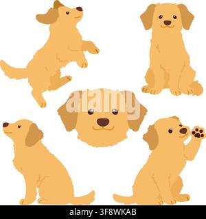 Set di illustrazioni colorate piatte e carine di Golden Retriever Illustrazione Vettoriale