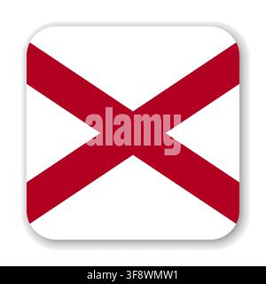 Bandiera dello stato dell'Alabama a forma di quadrato arrotondato. Parte degli Stati Uniti d'America. Design pulito per stampa, web o uso didattico. Illustrazione vettoriale con ombra proiettata su sfondo bianco. Illustrazione Vettoriale