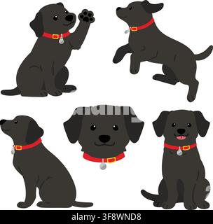Set di illustrazioni di un Labrador nero a colori piatti con un collare rosso Illustrazione Vettoriale