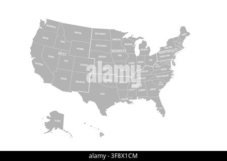 Regioni e divisioni degli Stati Uniti - unità statistiche definite dall'US Census Bureau. Mappa vettoriale grigia. Illustrazione Vettoriale