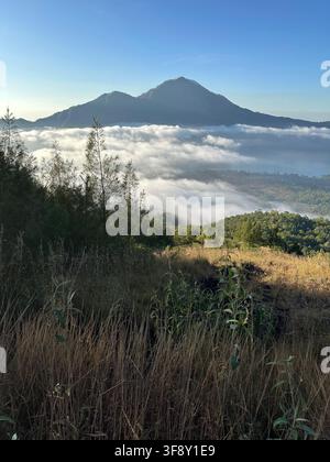 Il monte Agung si erge sopra il mare di nuvole all'alba a Bali, Indonesia Foto Stock