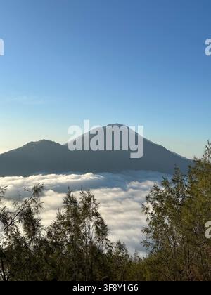 Il monte Agung si erge sopra il mare di nuvole a Banjar Kedisan, Bali, Indonesia Foto Stock