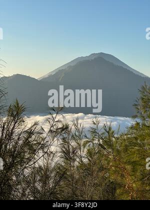 Il Monte Agung che si erge sopra le nuvole all'alba a Bali, Indonesia Foto Stock