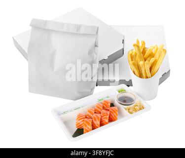 Servizio di consegna di cibo. Diversi pasti in confezioni da asporto su sfondo bianco Foto Stock