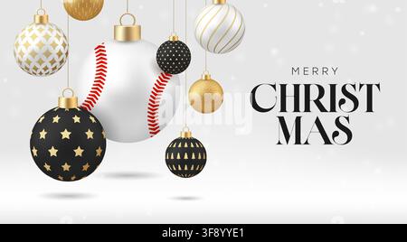 Eleganti ornamenti natalizi appesi con una realistica pallina da baseball su uno sfondo di auguri festivi.. Illustrazione Vettoriale