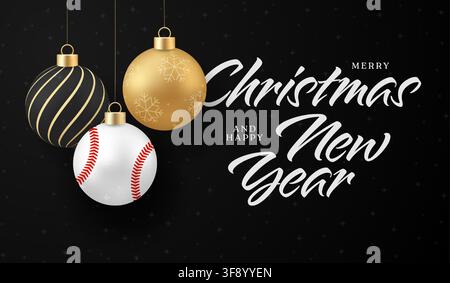 Augurio elegante di Natale e Capodanno con ornamenti decorativi sospesi, tra cui un design unico di perla di baseball a tema sportivo su un d festivo Illustrazione Vettoriale