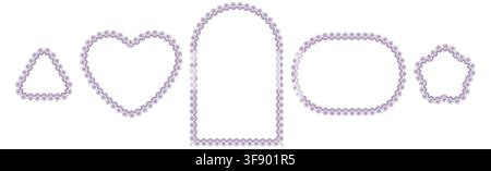 I bordi in pizzo ad occhio di margherita lavanda delineano triangolo, cuore, arco, ellisse più cornici pentagonali su bianco come set di rifiniture vintage per matrimoni primaverili per inviti o etichette artigianali femminili. Illustrazione Vettoriale