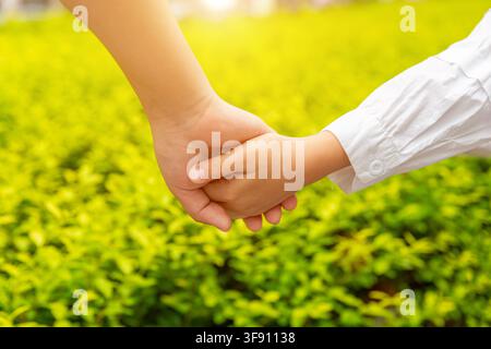 Mani umane che si tengono insieme all'aperto sull'erba verde Foto Stock