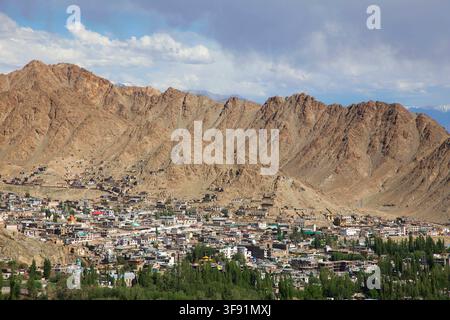 Una vista panoramica ad alta angolazione di una città incastonata tra alberi verdi lussureggianti e montagne aspre sotto un cielo drammatico con nuvole bianche nel Ladakh, India. Foto Stock