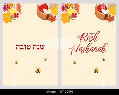 Due cartoline di auguri per Rosh Hashanah con mele festive, melagrane, miele, api e testo in ebraico Shanah Tovah e in inglese Happy Rosh Hashanah Illustrazione Vettoriale