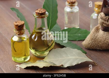 Olio essenziale di alloro in fiale di vetro con foglie fresche e essiccate e borsa in tela di Hessiano Foto Stock