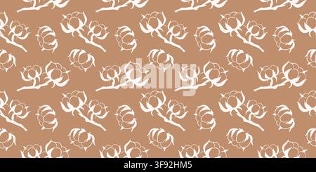 Modello senza cuciture con delicato ramo di fiore di pianta in cotone bianco su sfondo beige. Stampa di carta da parati tessile botanica naturale. Stile minimalista Illustrazione Vettoriale