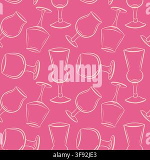 Modello senza cuciture di bicchiere di birra in arte lineare rosa e bianco. Sfondo di bevanda ripetitivo per menu del bar, decorazione del pub, tessili, packaging, carta da parati e Illustrazione Vettoriale
