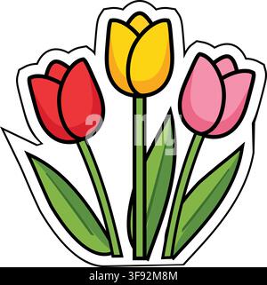 Vibrante illustrazione vettoriale di adesivo con tre tulipani in fiore in rosso, giallo e rosa, che simboleggiano l'arrivo gioioso della primavera, bella diversità Illustrazione Vettoriale