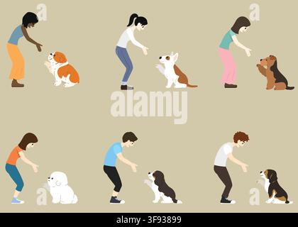 Collezione di persone che si stringono la mano con cani carini di taglia media, colorati a blocchi Illustrazione Vettoriale