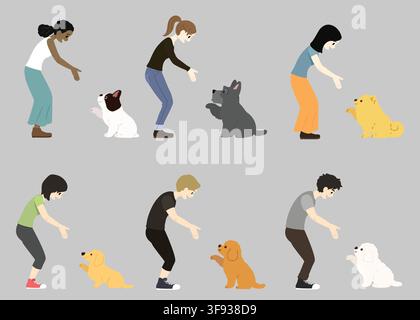 Collezione di persone che si stringono la mano con simpatici cani piccoli in colori piatti Illustrazione Vettoriale