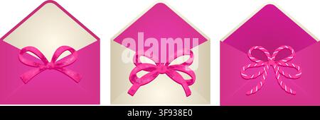 Busta rosa di San Valentino con fiocchi decorativi in nastro nella collezione di set vettoriali romantici per lettere d'amore e inviti Illustrazione Vettoriale