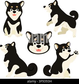 Set di illustrazioni piatte colorate carine di Shiba Inu neri Illustrazione Vettoriale