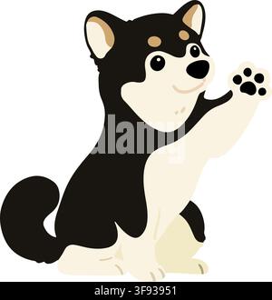 Shiba Inu nero a colori piatti seduto che agita la mano Illustrazione Vettoriale