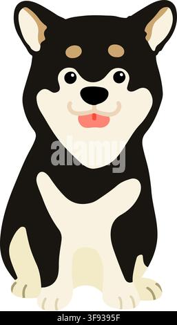 Shiba Inu nero a colori piatti seduto di fronte Illustrazione Vettoriale