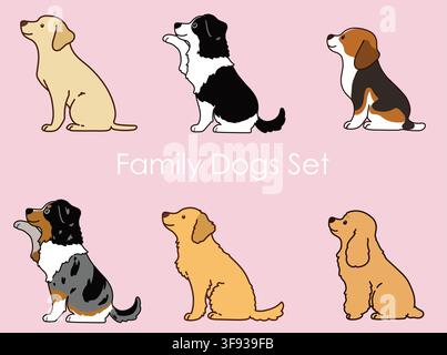Cani sportivi e da famiglia seduti in vista laterale Set di illustrazioni contornate Illustrazione Vettoriale