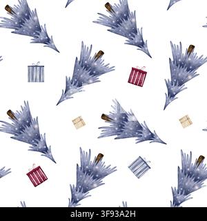 Modello natalizio senza cuciture con illustrazioni acquerellate disegnate a mano di abeti blu e scatole regalo festive. Design per le vacanze invernali per tessuti Foto Stock
