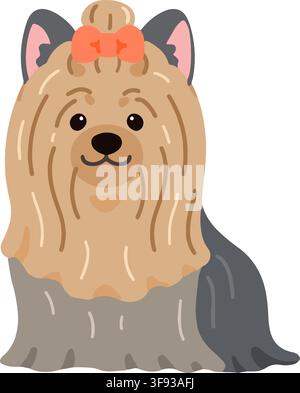 Illustrazione semplice e adorabile di un Yorkshire Terrier a pelo lungo seduto di fronte a colori piatti Illustrazione Vettoriale
