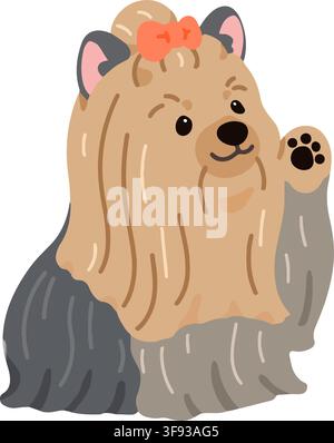 Illustrazione semplice e adorabile di un Yorkshire Terrier a pelo lungo che saluta con colori piatti Illustrazione Vettoriale