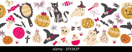 Bordo di Halloween femminile con graziosa coquette ed elementi spaventosi. Zucche con fiocchi, cappello da strega e teschio, palla da discoteca con pipistrello. Fantasmi carini con fiocchi e nastri. Illustrazione Vettoriale