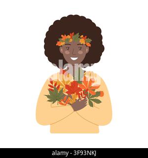 Donna afroamericana con ghirlanda di foglie autunnali che tiene un mazzo di fogliame autunnale colorato in vettore Illustrazione Vettoriale