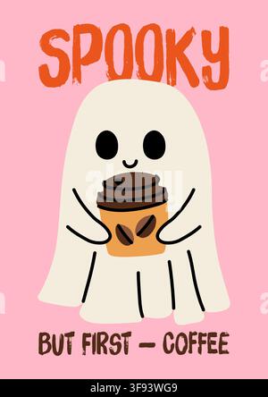 Simpatico fantasma spettrale che tiene una tazza di caffè, poster vettoriale per il caffè Illustrazione Vettoriale