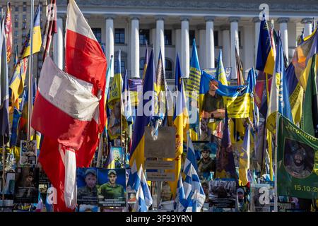 Kyiv, Ucraina - 15 marzo 2026: Omaggio commemorativo con numerose bandiere e ritratti commemorativi di soldati esposti in una piazza pubblica per onorare Foto Stock
