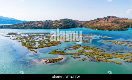 Veduta aerea delle zone umide, paludi e dolci colline del parco nazionale di Butrint nel sud dell'Albania Foto Stock