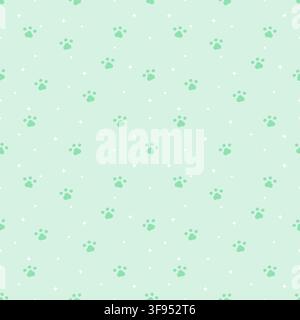 Simpatico motivo senza cuciture verde menta con adorabili impronte di zampe di cane, stelle e punti su uno sfondo morbido pastello menta, perfetto per prodotti per animali, tessuti, Illustrazione Vettoriale