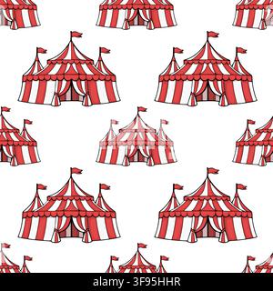 Modello vettoriale senza cuciture con tende da circo a righe rosse e bianche per la decorazione di eventi festivi Illustrazione Vettoriale