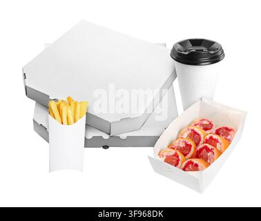 Servizio di consegna cibo. Diversi pasti e bevande in confezioni da asporto su sfondo bianco Foto Stock