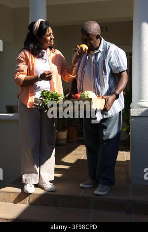 Coppia afroamericana in piedi sui gradini piastrellati dell'ingresso, donna che tiene un limone, uomo che tiene una cassa di legno Foto Stock