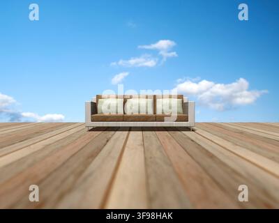 Divano su terrazzo in legno e cielo blu. Quest’opera d’arte è stata interamente modellata e resa da me utilizzando un software di modellazione 3D. Non sono state utilizzate immagini di riferimento, mappe o dati satellitari esterni. Foto Stock