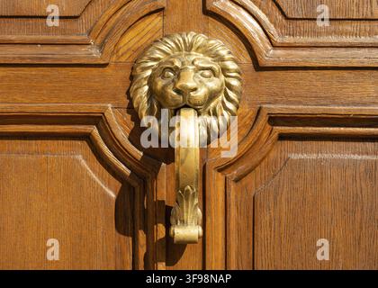 Testa di leone in metallo ornato maniglia pomello bussa vista frontale su porta di legno a Sofia, Bulgaria, Europa orientale, Balcani Foto Stock