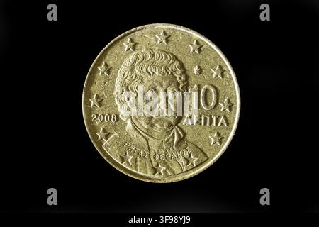 Ritratto dello scrittore e rivoluzionario Rigas Velestinlis su una moneta greca da 10 centesimi di euro, esenzione, Grecia Foto Stock