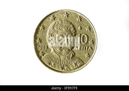 Ritratto dello scrittore e rivoluzionario Rigas Velestinlis su una moneta greca da 10 centesimi di euro, esenzione, Grecia Foto Stock
