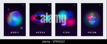 Set di modelli di poster vettoriali neon futuristici astratti con forme geometriche olografiche 3D luminose, sfera di vetro e design di copertina techno Illustrazione Vettoriale